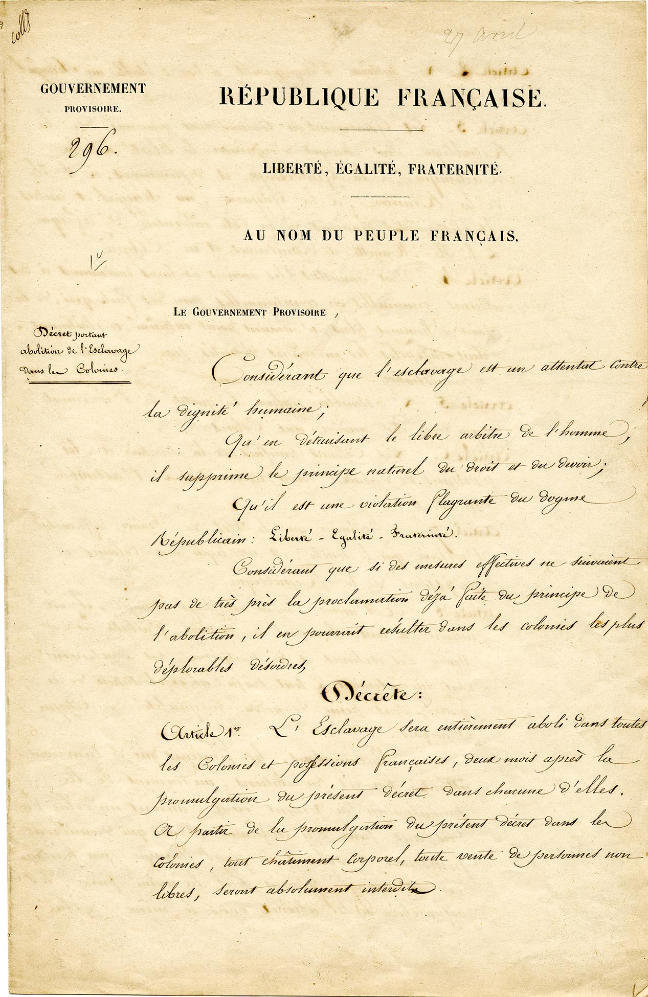 Texte manuscrit original du décret d’abolition