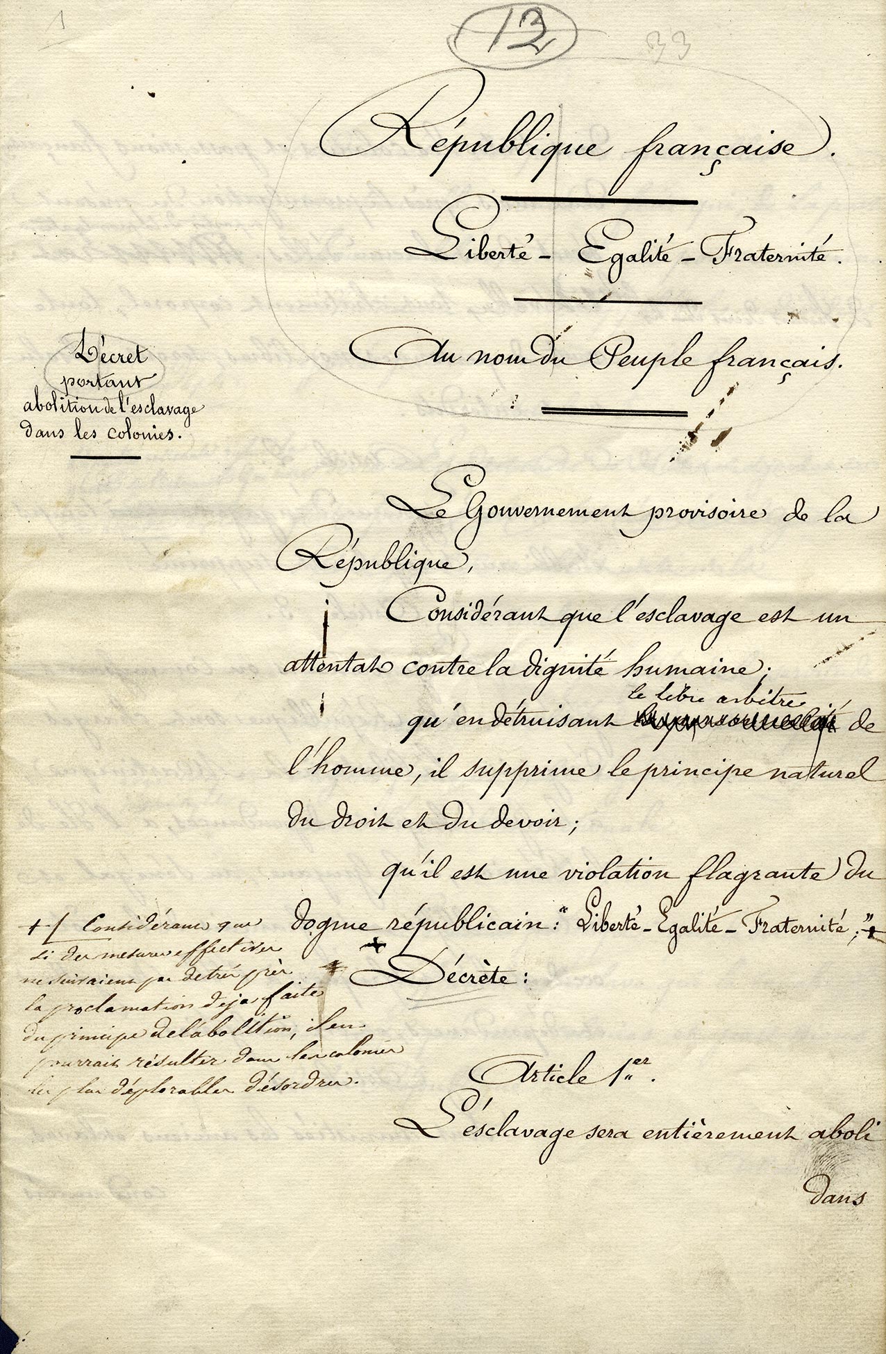 Minute du décret avec correction de Schœlcher