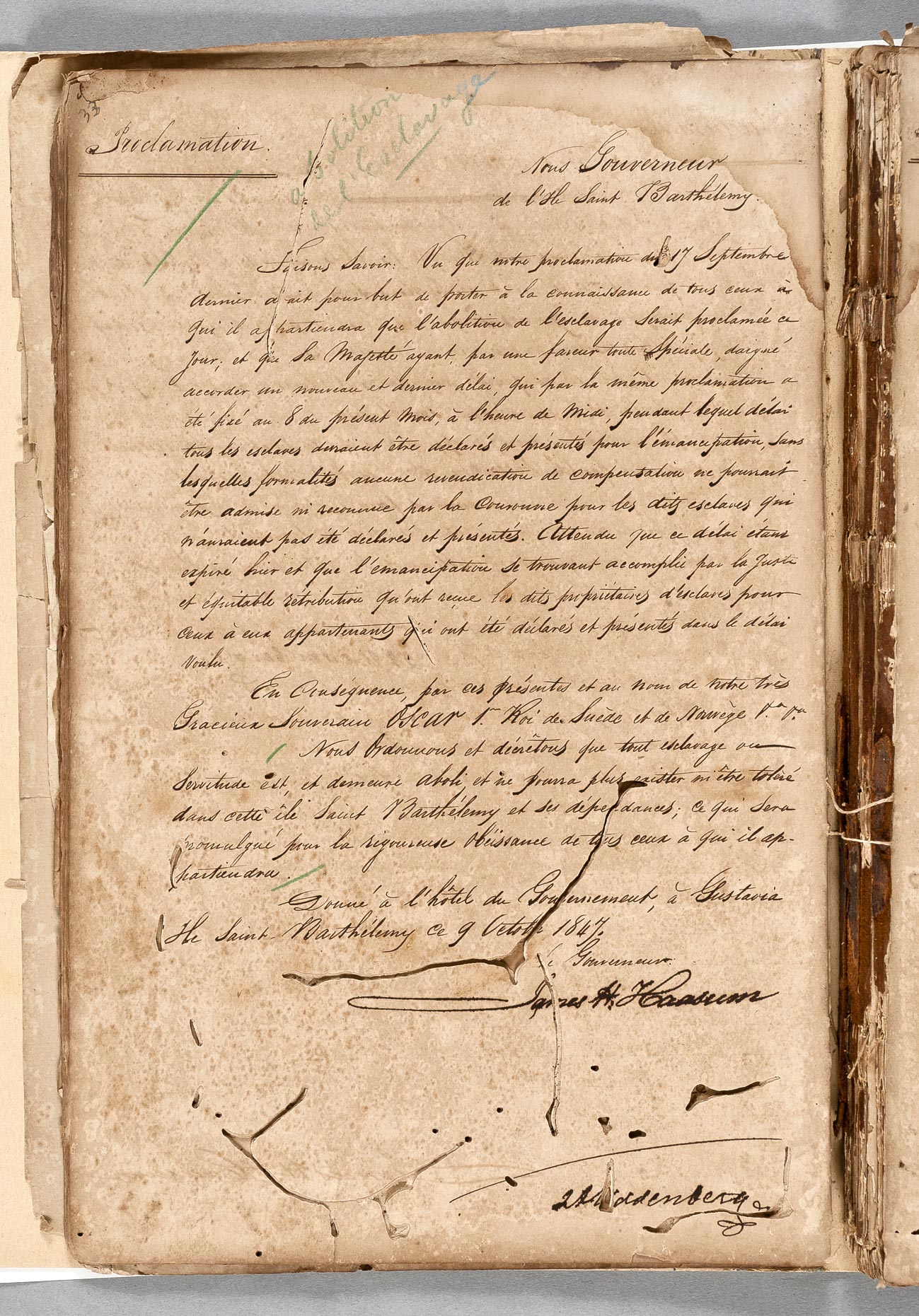 Proclamation de l'abolition de l'esclavage par le gouverneur James Haarlef Haasum