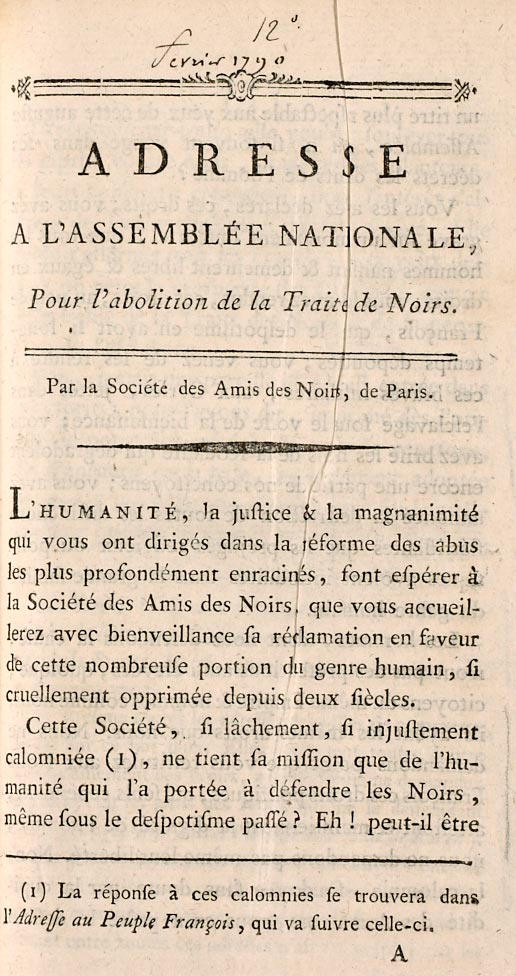 Adresse à l’Assemblée nationale pour l’abolition de la Traite des Noirs